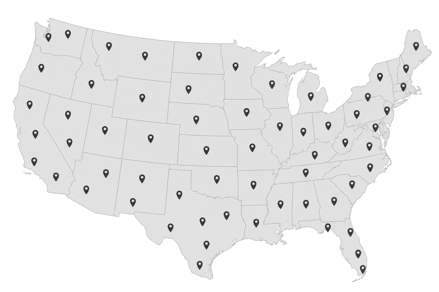 Greyscale map of the United States showing Secret Creek customer locations