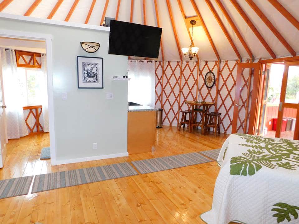 Cottage-style yurt interior with white walls, skylights, and cozy furnishings