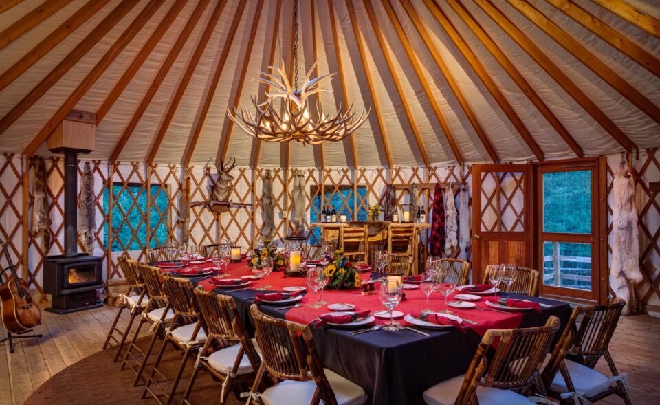 Luxury yurt interior with mountain views